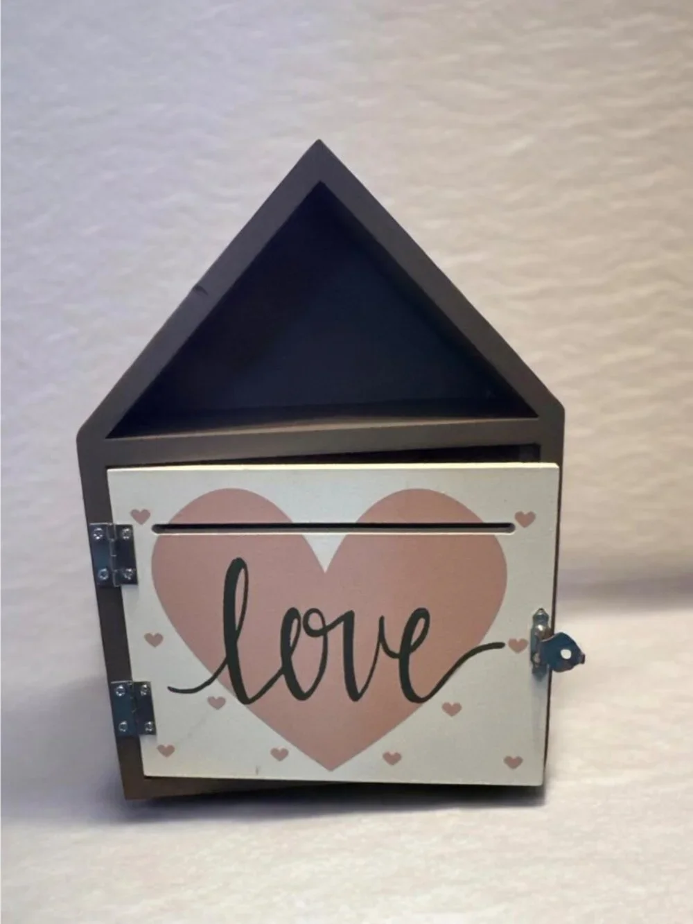 House-Shaped Wooden Love Box With Hinged Door & Slot For Decorative Use